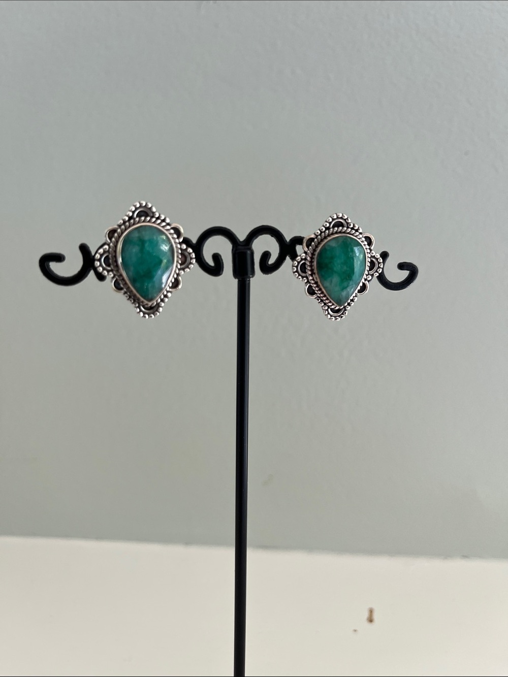 Raw Emerald Teardrop Stone Sterling Silver Stud Earrings - Women Jewelry - Picture 4 of 7